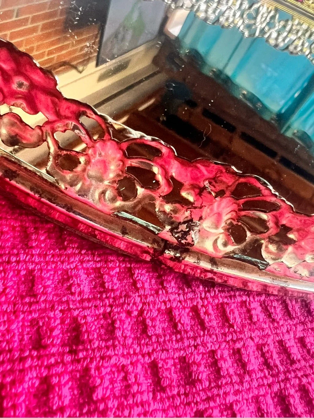 Vintage Oval Mirrored Vanity Dresser Tray Ornate Filigree Gold Tone Metal